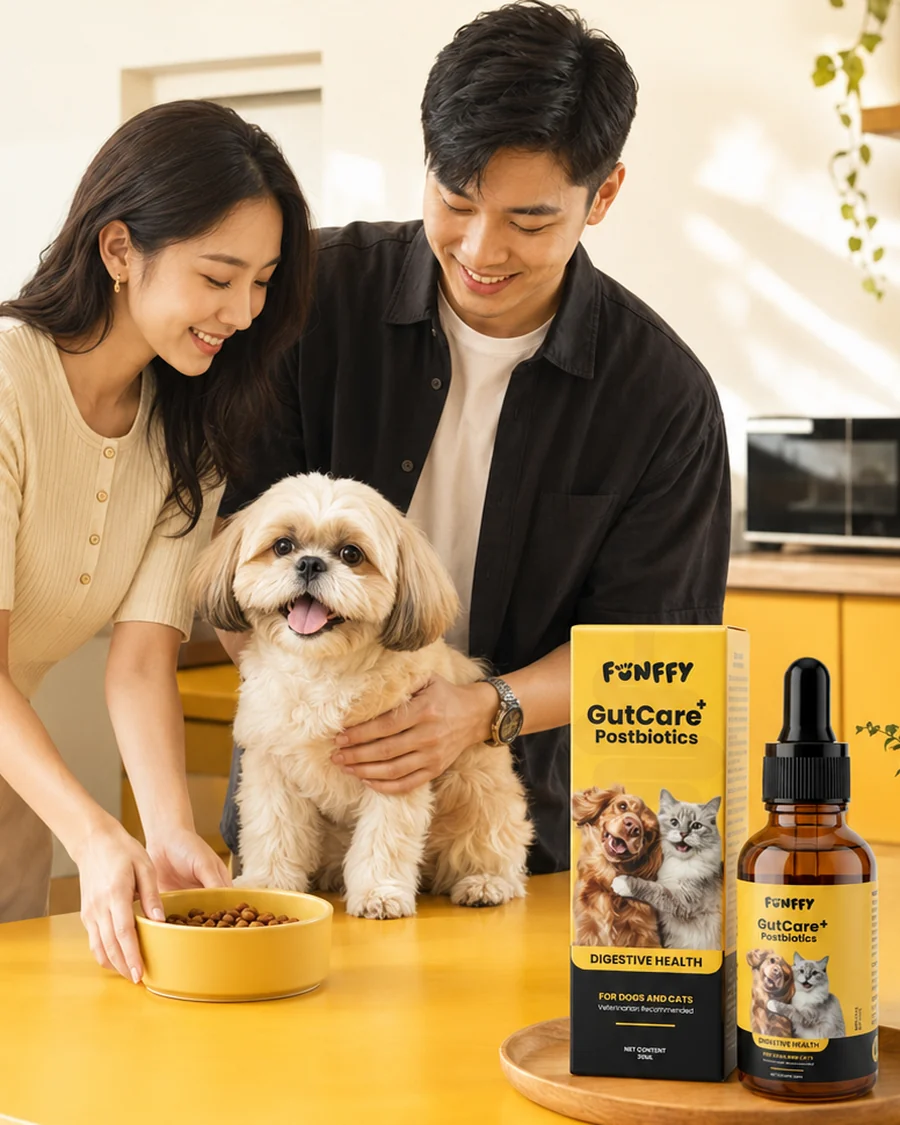 A family preparing a happy daily pet mealtime